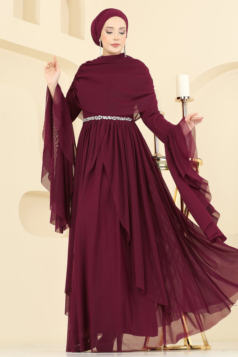 Asimetrik Kesimli Tül Abiye 5744EDF311 Bordo