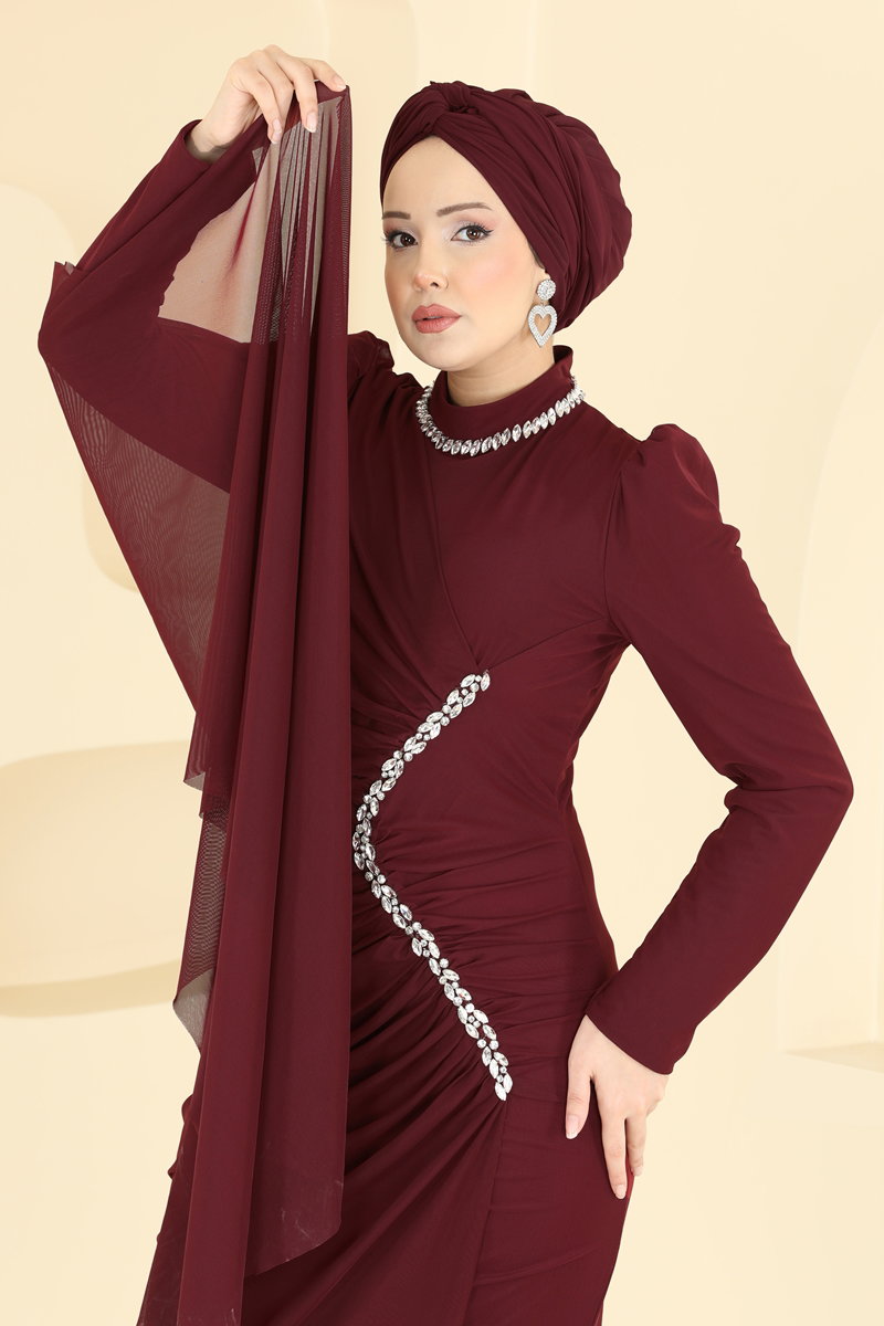 Asimetrik Taş İşlemeli Abiye 5741EDF311 Bordo