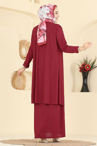 moda selvim Asimetrik Yelekli Örme Takım 6527ZNN863 Bordo - Thumbnail