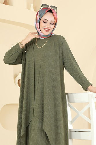moda selvim Asimetrik Yelekli Örme Takım 6527ZNN863 Haki - Thumbnail