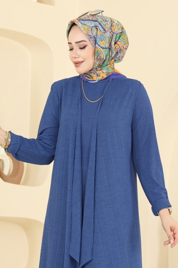 Asimetrik Yelekli Örme Takım 6527ZNN863 İndigo - Moda Selvim