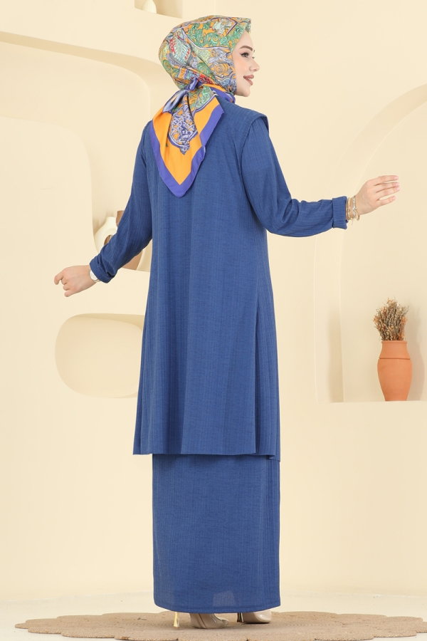 Asimetrik Yelekli Örme Takım 6527ZNN863 İndigo - Moda Selvim