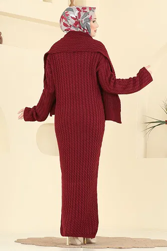 moda selvim Atkı Detaylı Triko Elbise 2776AYD574 Bordo - Thumbnail