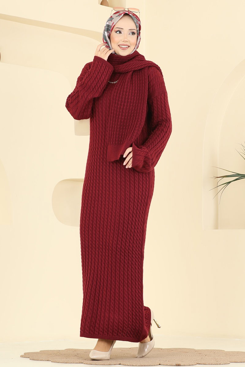 Atkı Detaylı Triko Elbise 2776AYD574 Bordo