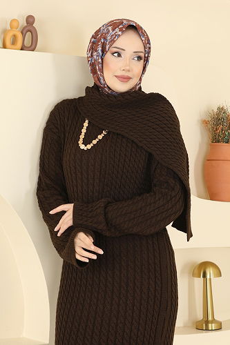moda selvim Atkı Detaylı Triko Elbise 2776AYD574 Kahve - Thumbnail