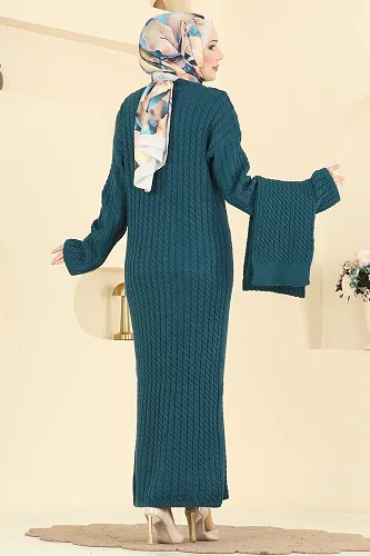 moda selvim Atkı Detaylı Triko Elbise 2776AYD574 Petrol - Thumbnail