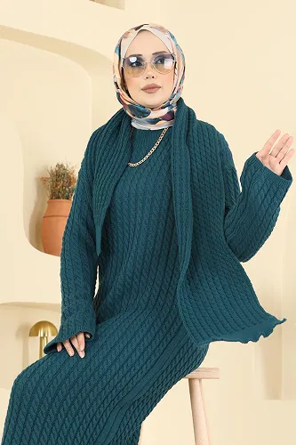 moda selvim Atkı Detaylı Triko Elbise 2776AYD574 Petrol - Thumbnail