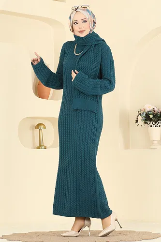 moda selvim Atkı Detaylı Triko Elbise 2776AYD574 Petrol - Thumbnail