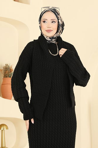 moda selvim Atkı Detaylı Triko Elbise 2776AYD574 Siyah - Thumbnail