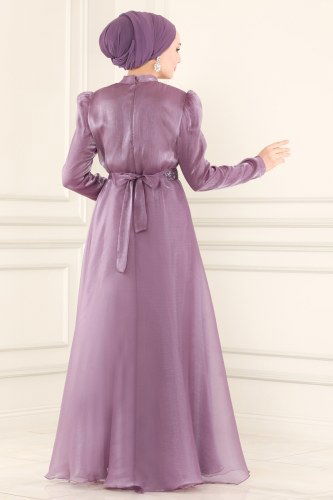 moda selvim Taş İşlemeli Organze Abiye 5371AB368 Lila - Thumbnail
