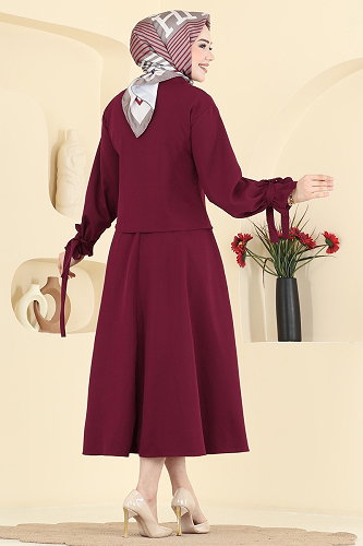 moda selvim Bağcık Detaylı 2 li Takım 5658ZNNK1102 Bordo - Thumbnail