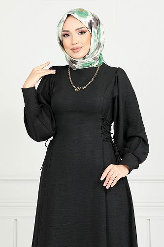 moda selvim Bağcık Detaylı Elbise 15962BSK984-M Siyah - Thumbnail