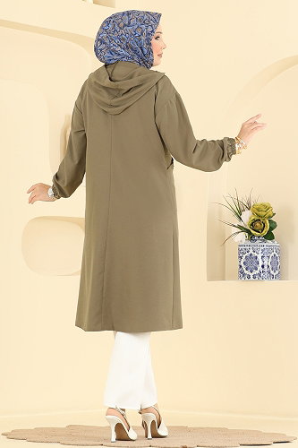 moda selvim Bağcık Detaylı Kapşonlu Kap 2954SL432 Haki - Thumbnail