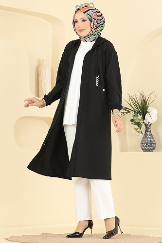 moda selvim Bağcık Detaylı Kapşonlu Kap 2954SL432 Siyah - Thumbnail