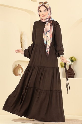 moda selvim Bağcık Detaylı Katlı Elbise 4791ZNK1009 Acı Kahve - Thumbnail