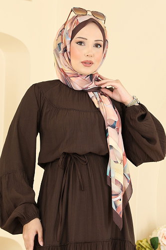 moda selvim Bağcık Detaylı Katlı Elbise 4791ZNK1009 Acı Kahve - Thumbnail