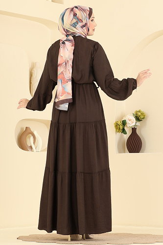 moda selvim Bağcık Detaylı Katlı Elbise 4791ZNK1009 Acı Kahve - Thumbnail
