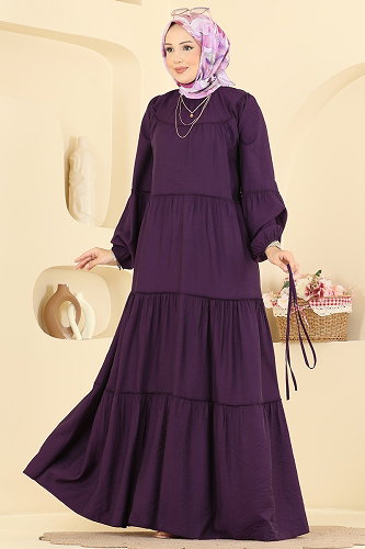 moda selvim Bağcık Detaylı Katlı Elbise 4791ZNK1009 Mor - Thumbnail