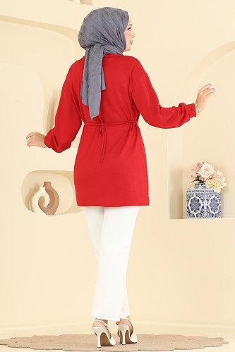 moda selvim Bağcık Detaylı Modal Tunik 4579NFC1010 Kırmızı - Thumbnail