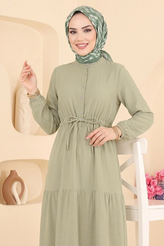 moda selvim Bağcık Detaylı Müslin Elbise 172NZRK1200 Açık Haki - Thumbnail