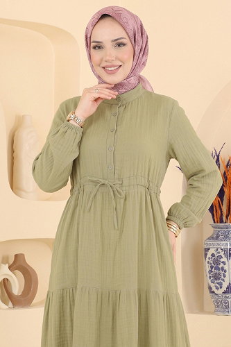 moda selvim Bağcık Detaylı Müslin Elbise 172NZRK1200 Çağla - Thumbnail