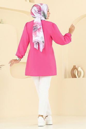 moda selvim Bağcık Detaylı Poplin Tunik 287ASN888 Fuşya - Thumbnail