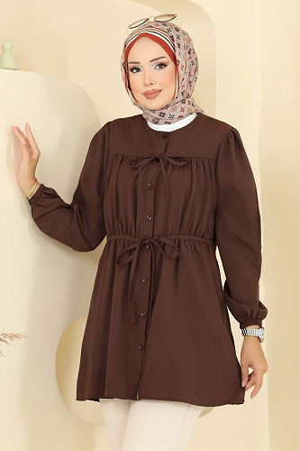 moda selvim Bağcık Detaylı Poplin Tunik 287ASN888 Kahve - Thumbnail