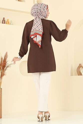 moda selvim Bağcık Detaylı Poplin Tunik 287ASN888 Kahve - Thumbnail