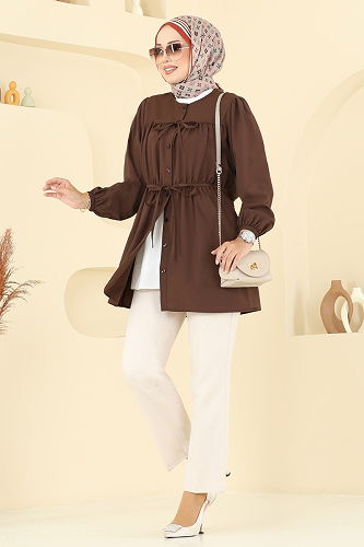 moda selvim Bağcık Detaylı Poplin Tunik 287ASN888 Kahve - Thumbnail