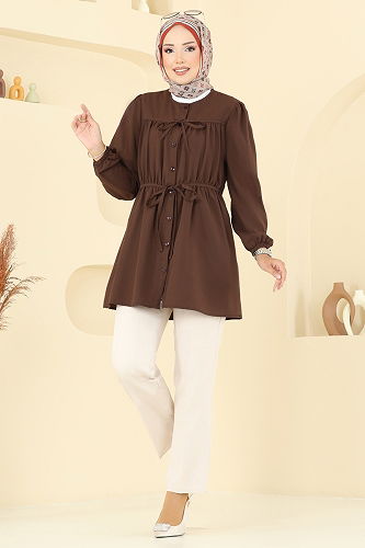 moda selvim Bağcık Detaylı Poplin Tunik 287ASN888 Kahve - Thumbnail