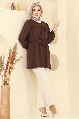 moda selvim Bağcık Detaylı Poplin Tunik 287ASN888 Kahve - Thumbnail