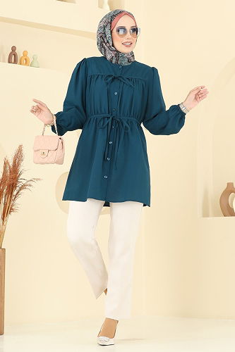 moda selvim Bağcık Detaylı Poplin Tunik 287ASN888 Petrol - Thumbnail