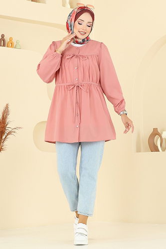 moda selvim Bağcık Detaylı Poplin Tunik 287ASN888 Somon - Thumbnail