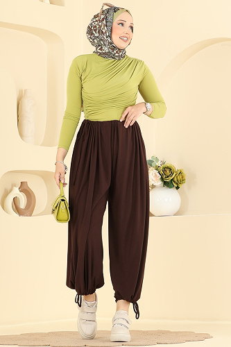 moda selvim Bağcık Detaylı Şalvar Pantolon 5679ZNNK1102 Acı Kahve - Thumbnail