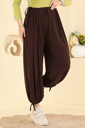 moda selvim Bağcık Detaylı Şalvar Pantolon 5679ZNNK1102 Acı Kahve - Thumbnail