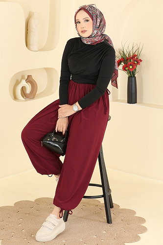 moda selvim Bağcık Detaylı Şalvar Pantolon 5679ZNNK1102 Bordo - Thumbnail