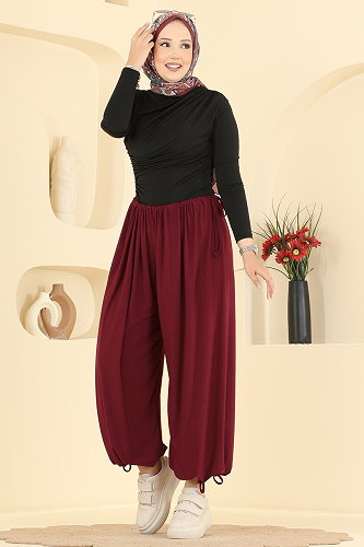 moda selvim Bağcık Detaylı Şalvar Pantolon 5679ZNNK1102 Bordo - Thumbnail