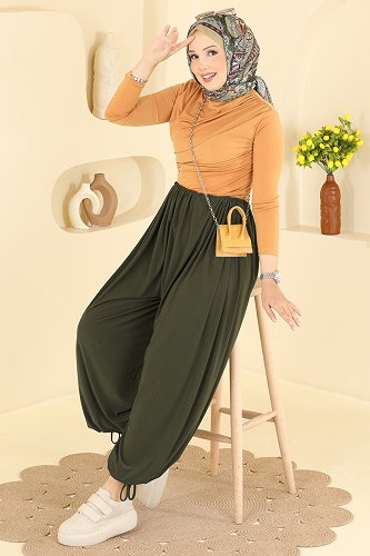 moda selvim Bağcık Detaylı Şalvar Pantolon 5679ZNNK1102 Haki - Thumbnail