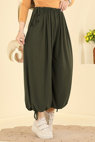 moda selvim Bağcık Detaylı Şalvar Pantolon 5679ZNNK1102 Haki - Thumbnail