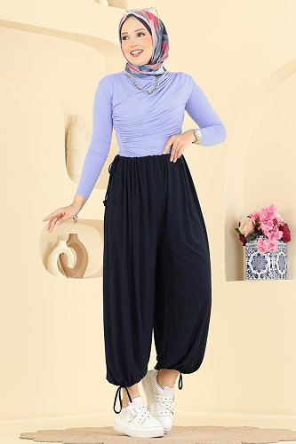 moda selvim Bağcık Detaylı Şalvar Pantolon 5679ZNNK1102 Koyu Laci - Thumbnail