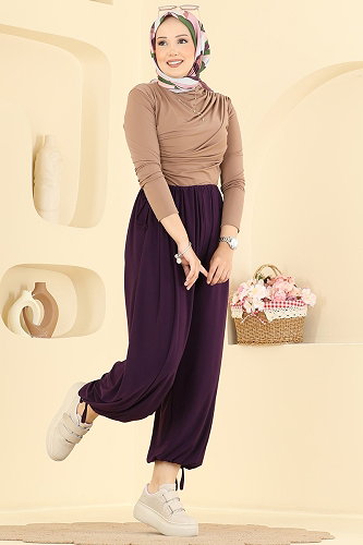 moda selvim Bağcık Detaylı Şalvar Pantolon 5679ZNNK1102 Mor - Thumbnail