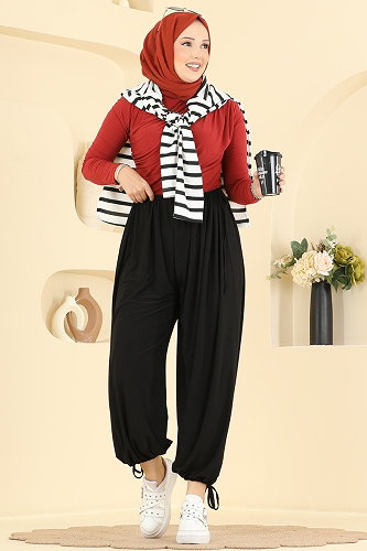 moda selvim Bağcık Detaylı Şalvar Pantolon 5679ZNNK1102 Siyah - Thumbnail