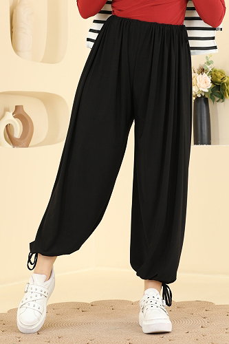 moda selvim Bağcık Detaylı Şalvar Pantolon 5679ZNNK1102 Siyah - Thumbnail