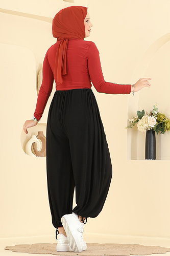 moda selvim Bağcık Detaylı Şalvar Pantolon 5679ZNNK1102 Siyah - Thumbnail
