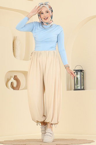 moda selvim Bağcık Detaylı Şalvar Pantolon 5679ZNNK1102 Taş - Thumbnail