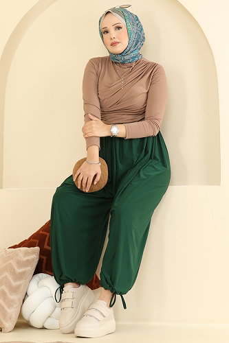 moda selvim Bağcık Detaylı Şalvar Pantolon 5679ZNNK1102 Zümrüt - Thumbnail