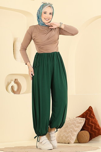 moda selvim Bağcık Detaylı Şalvar Pantolon 5679ZNNK1102 Zümrüt - Thumbnail