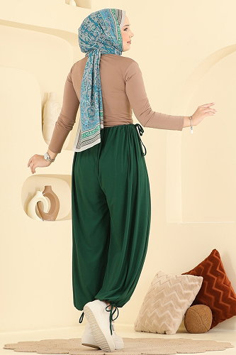 moda selvim Bağcık Detaylı Şalvar Pantolon 5679ZNNK1102 Zümrüt - Thumbnail