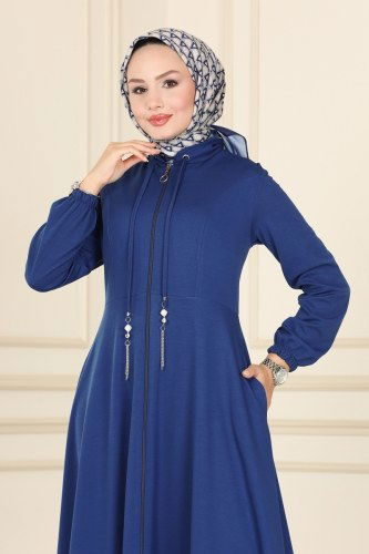 moda selvim Bağcık Detaylı Tesettür Ferace 109MRT754 İndigo - Thumbnail