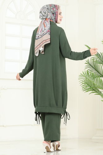 moda selvim Bağcık Detaylı Tesettür Takım 389DVL817 Haki - Thumbnail